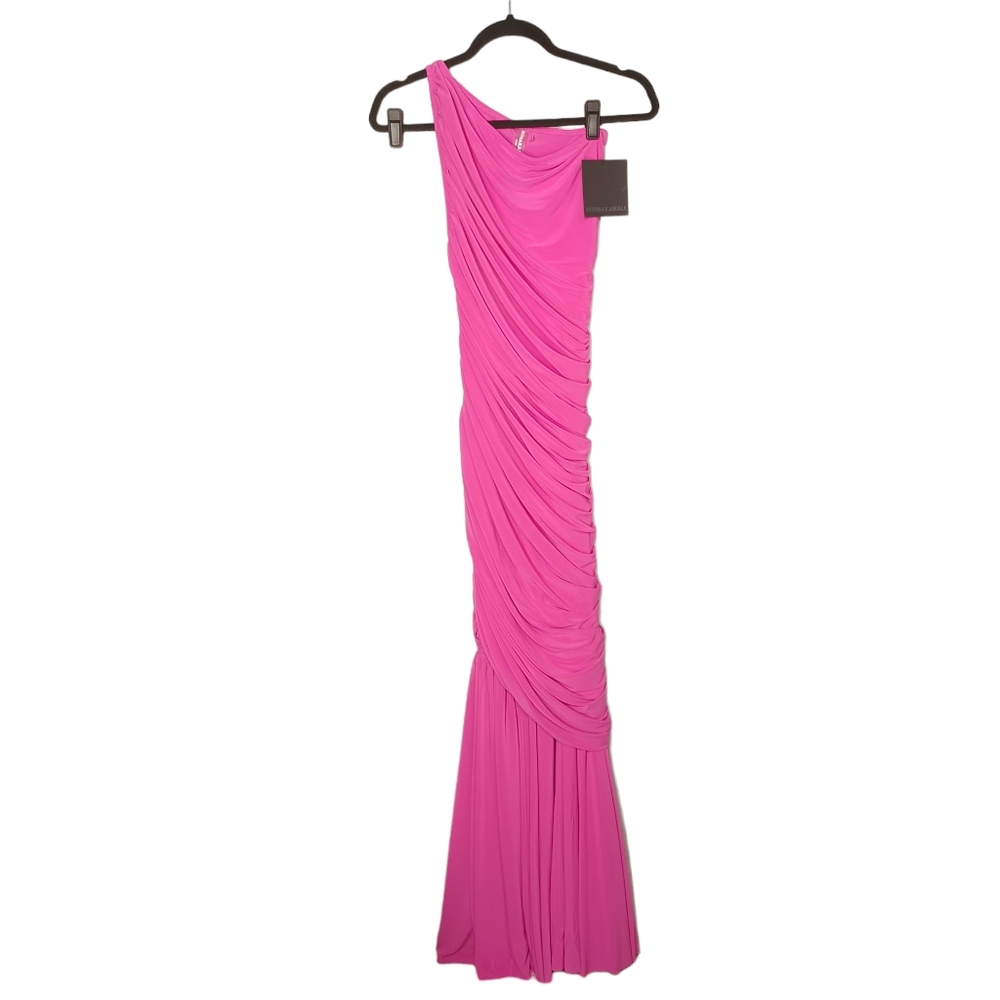 NORMA KAMALI Orchid Pink One Shoulder Ruching Diana Fishtail Gown X-Small NWT - Picture 6 of 13